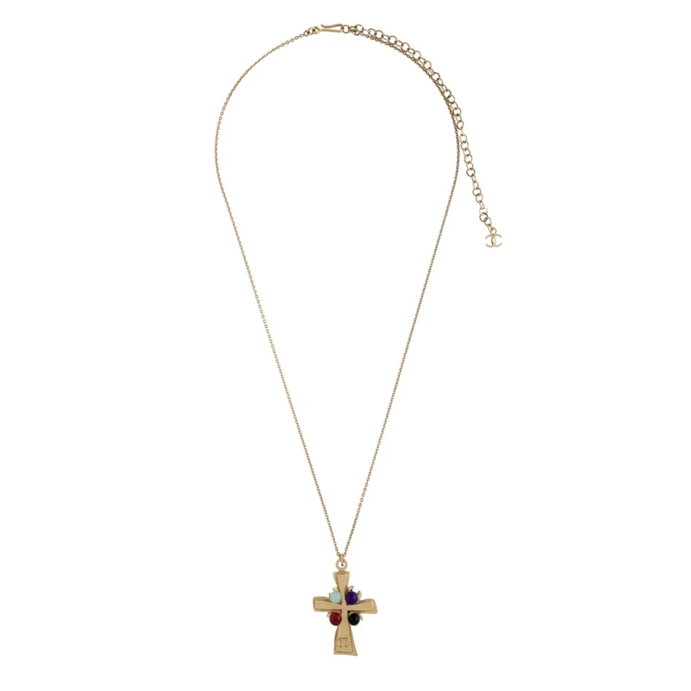 VTG Chanel Gripoix Gold-Plated Multi-Color Poured Glass Cross Pendant Necklace